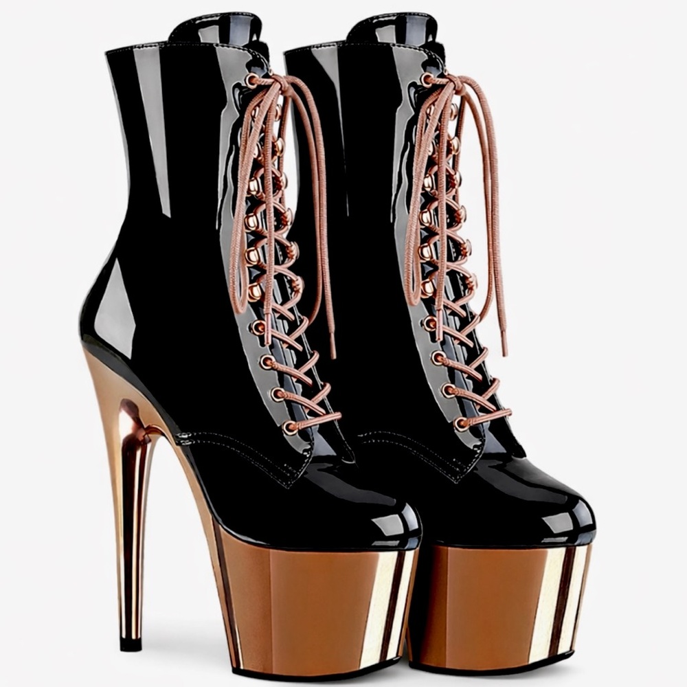 Pleaser Flamingo black Patent Platform Boots lace up sz. 6 Rose Gold 8” stiletto